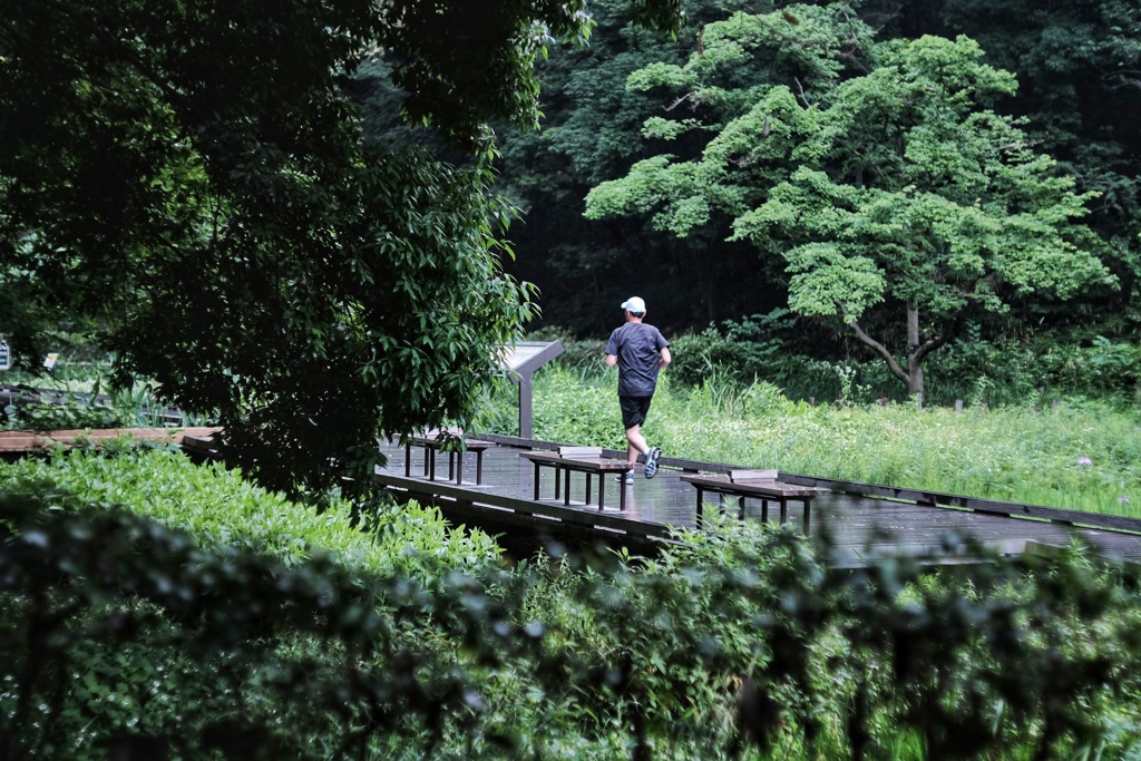 雨の中走る人