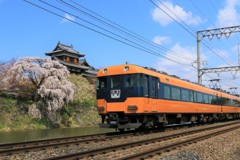 郡山城の枝垂桜と近鉄特急3