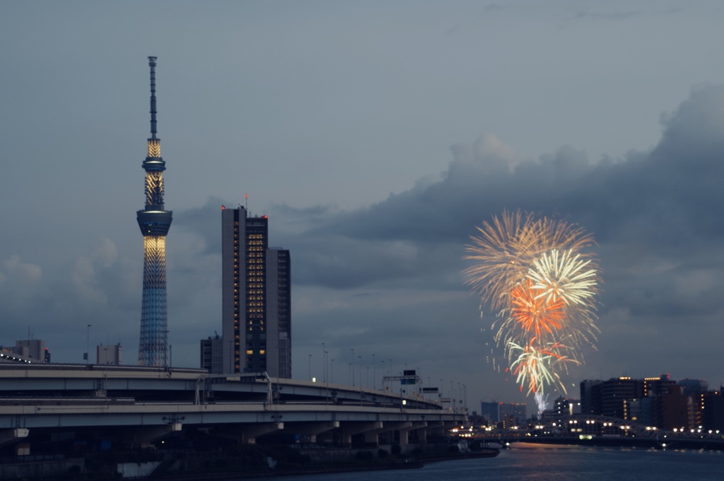 スカイツリーと花火