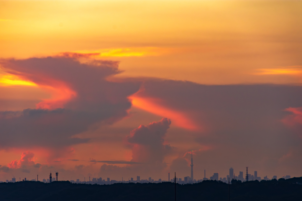 50㎞先 展望回廊の時計光と朝焼け乱舞の積乱雲