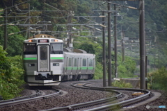 雨の線路をゆく733系エアポート