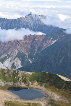 鷲羽池と槍と