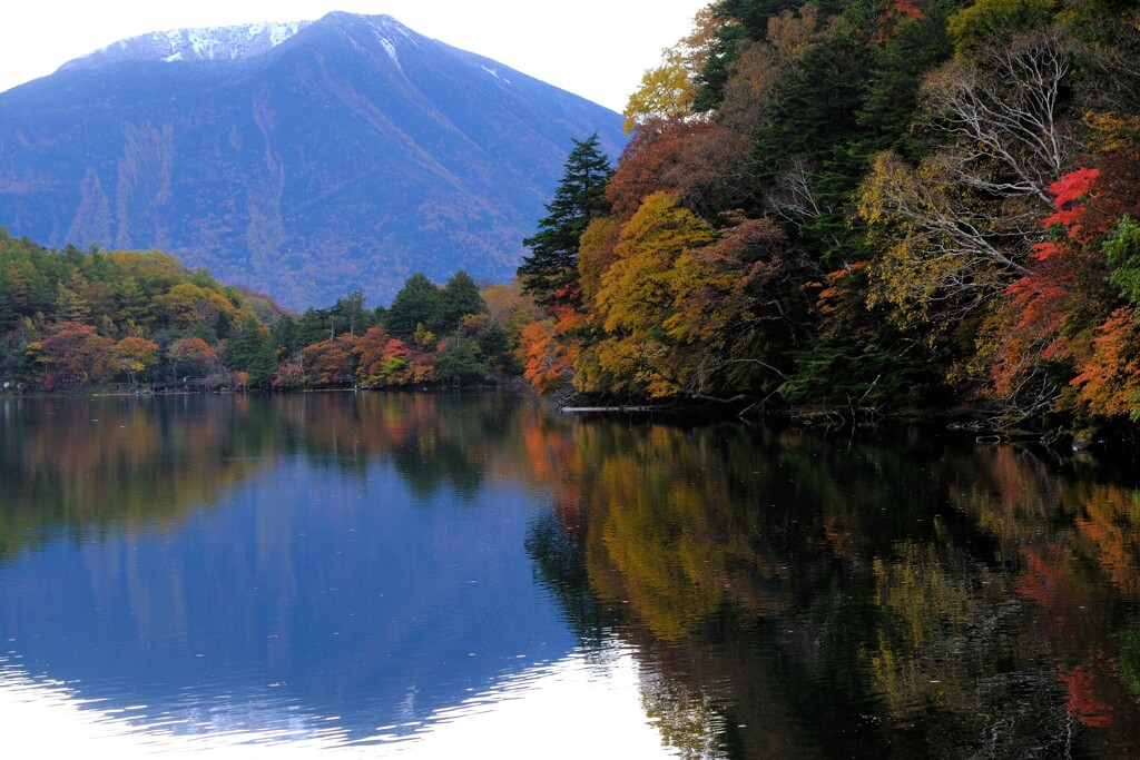 湯ノ湖に男体山、紅葉