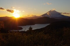 富士山と芦ノ湖と夕日
