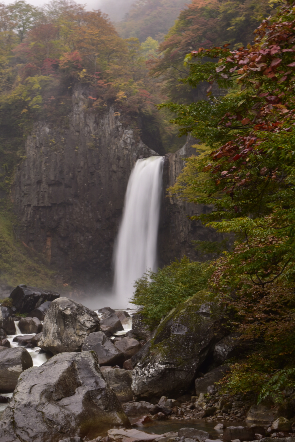 雨と紅葉と滝と