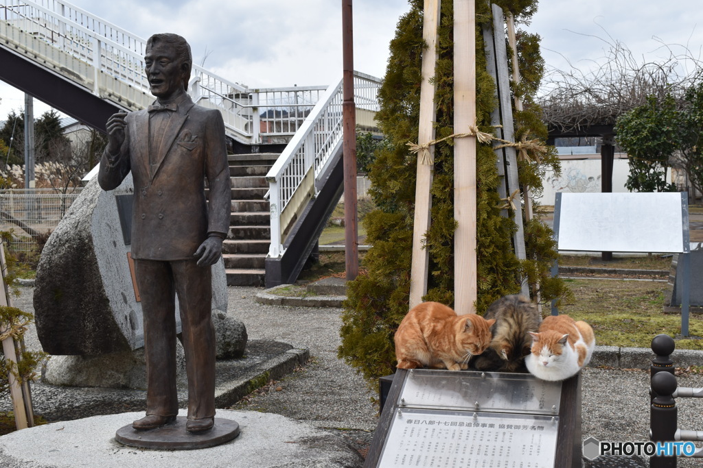 八郎像と三匹の猫