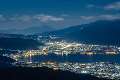 高ボッチからの富士山と諏訪の夜景