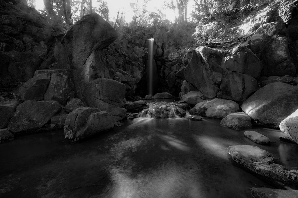 成田山公園　滝　白黒