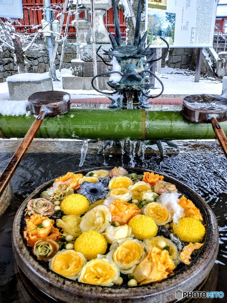 雪の日の花手水舎②　竹筒から氷柱が.....