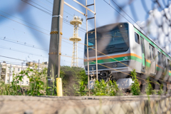 フェンス越しの電車