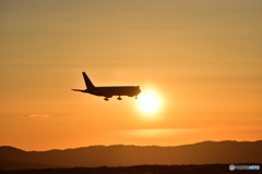 夕焼け　飛行機