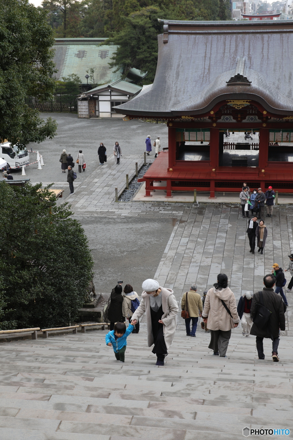 鶴岡八幡宮の階段に初チャレンジの息子