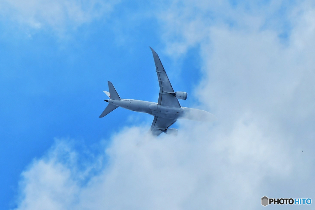 白い雲に呑み込まれる旅客機