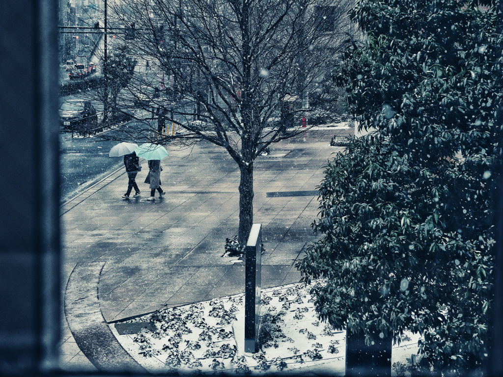 A snowy square.