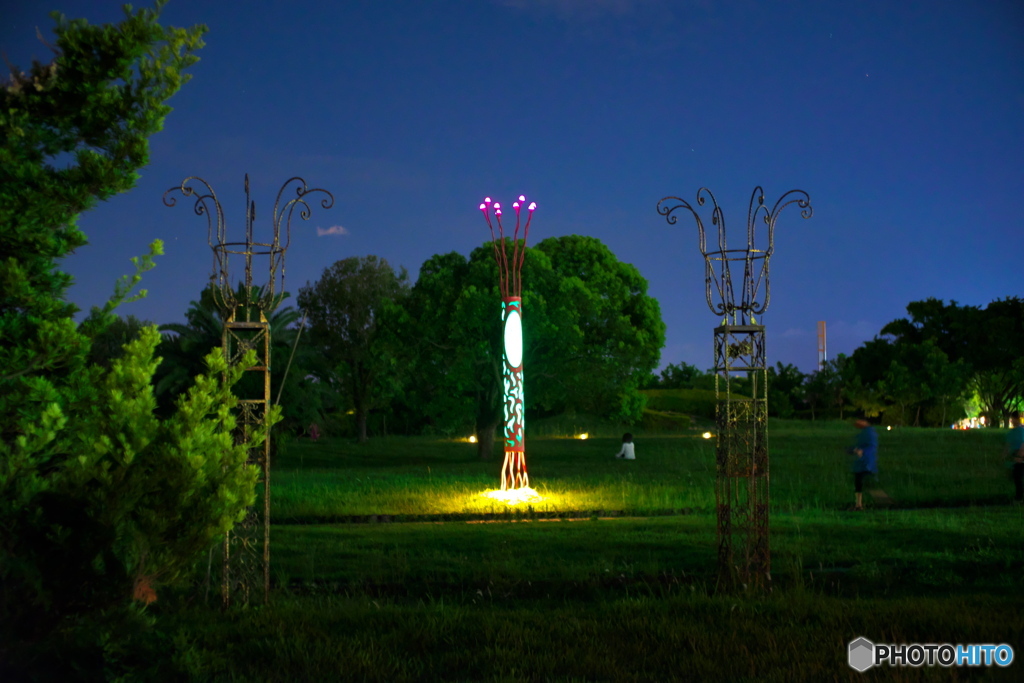 夕暮れ、公園を急ぐ人