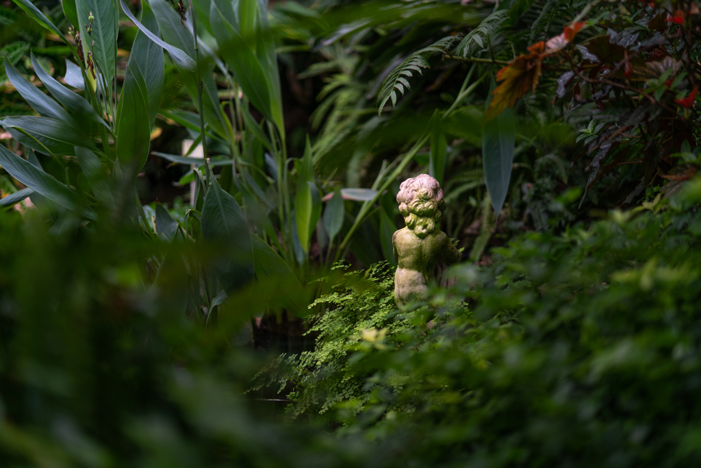 深緑で苔むす石像