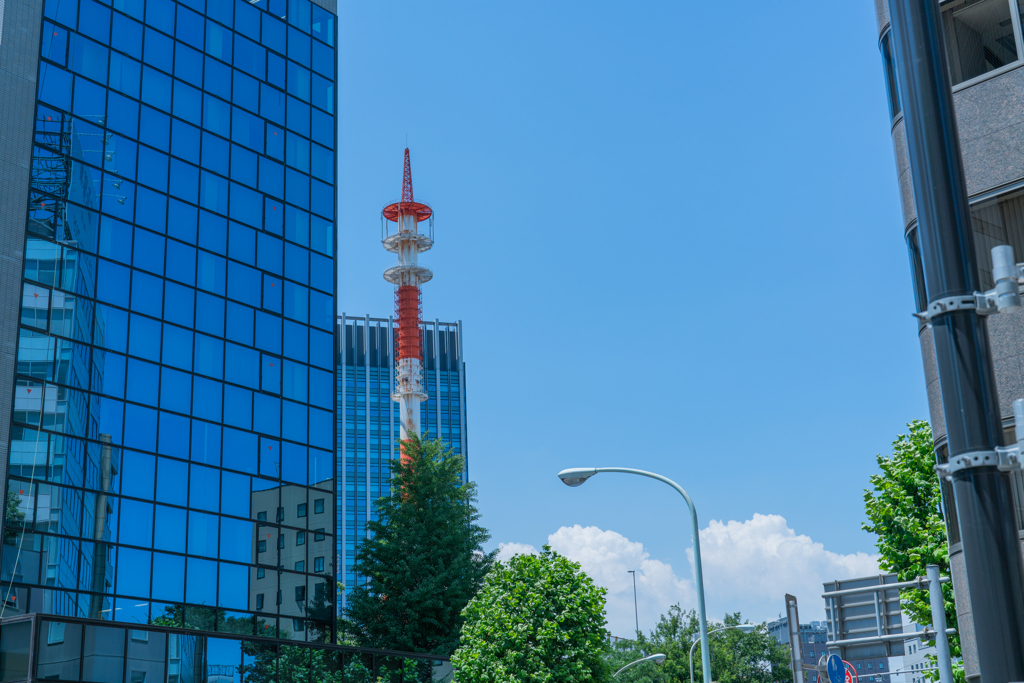 反射する高層ビルと夏空