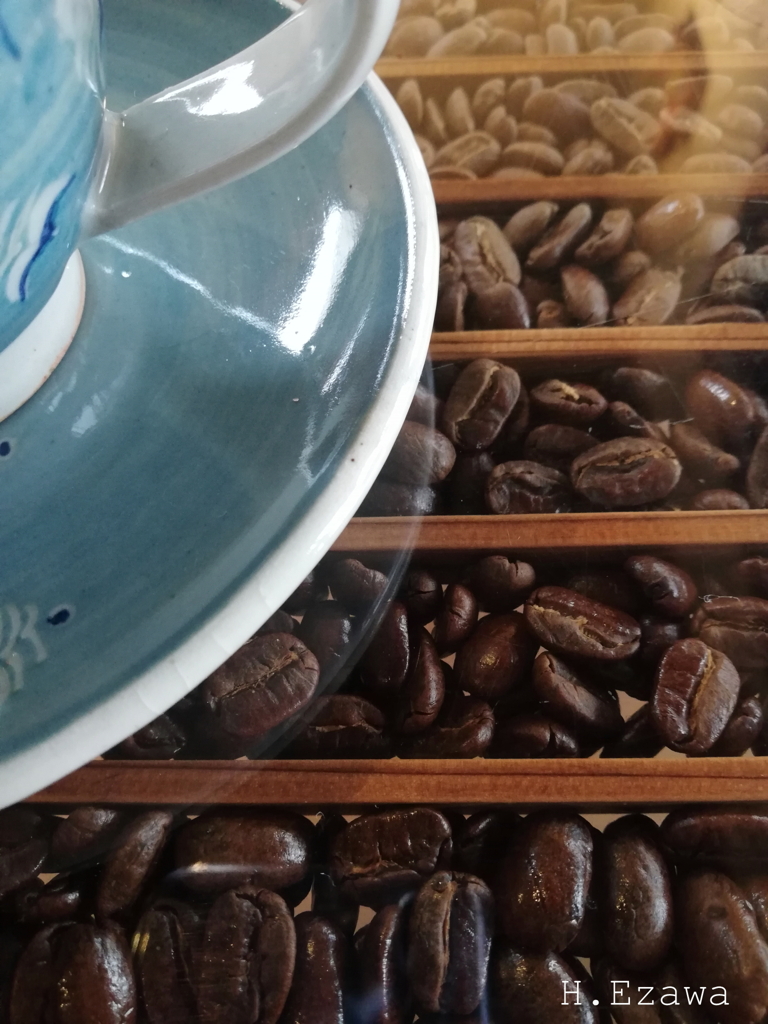 table with coffee beans