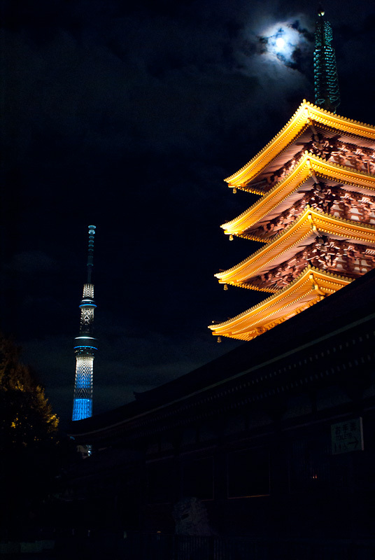 夜のスカイツリーと浅草寺