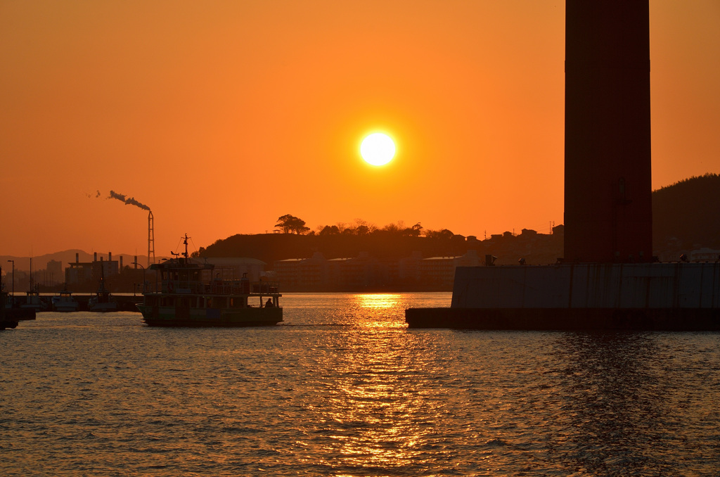 洞海湾2020　1月　夕陽＆渡船入港