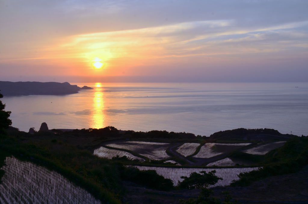 東後畑棚田2022　6月-2　夕陽と棚田①