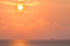 勝浦浜2023　8月-4　夕陽と貨物船