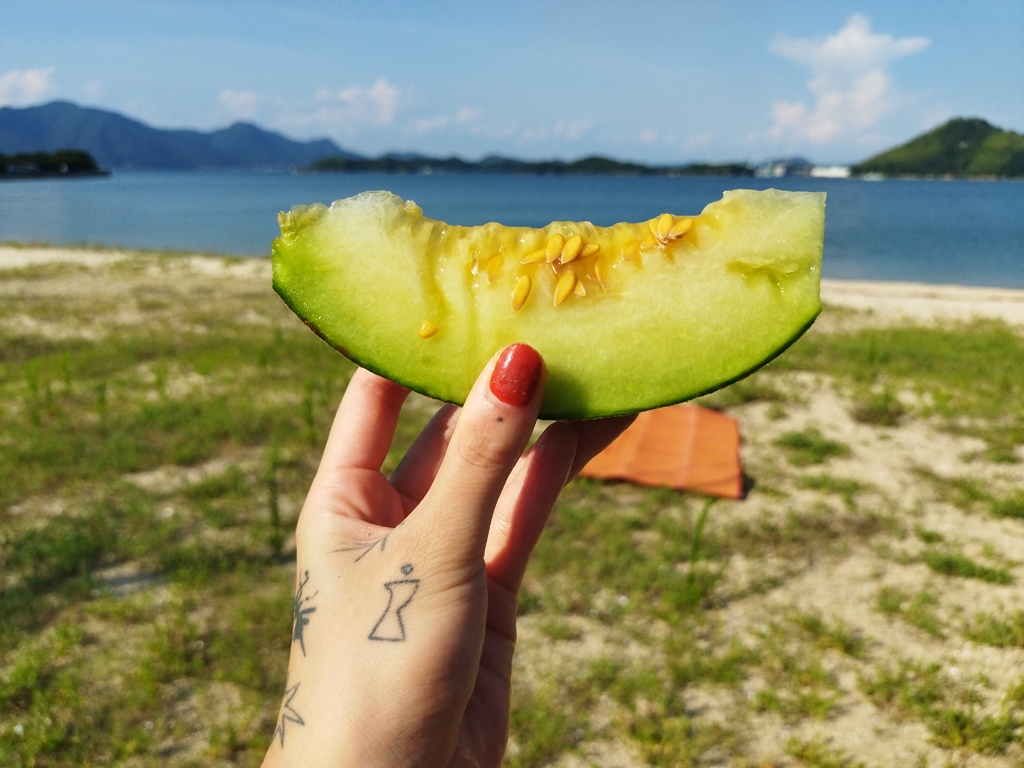 ビーチでメロン