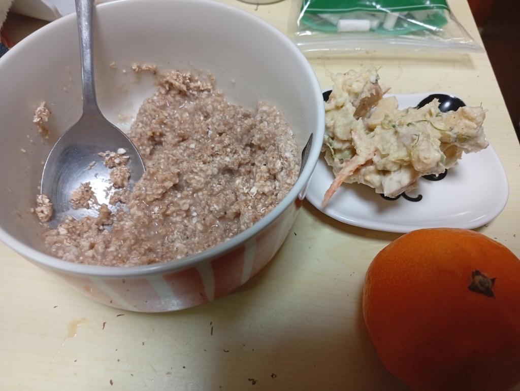 オートミールとサラダとみかん