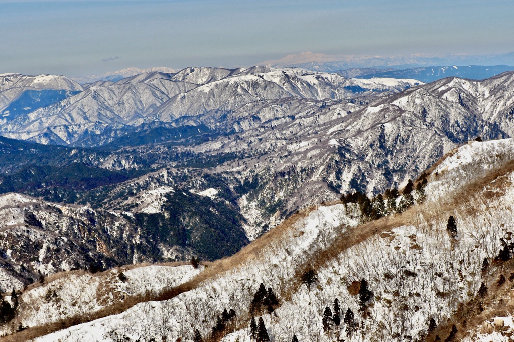 View of snowy mountains from Gozaisho