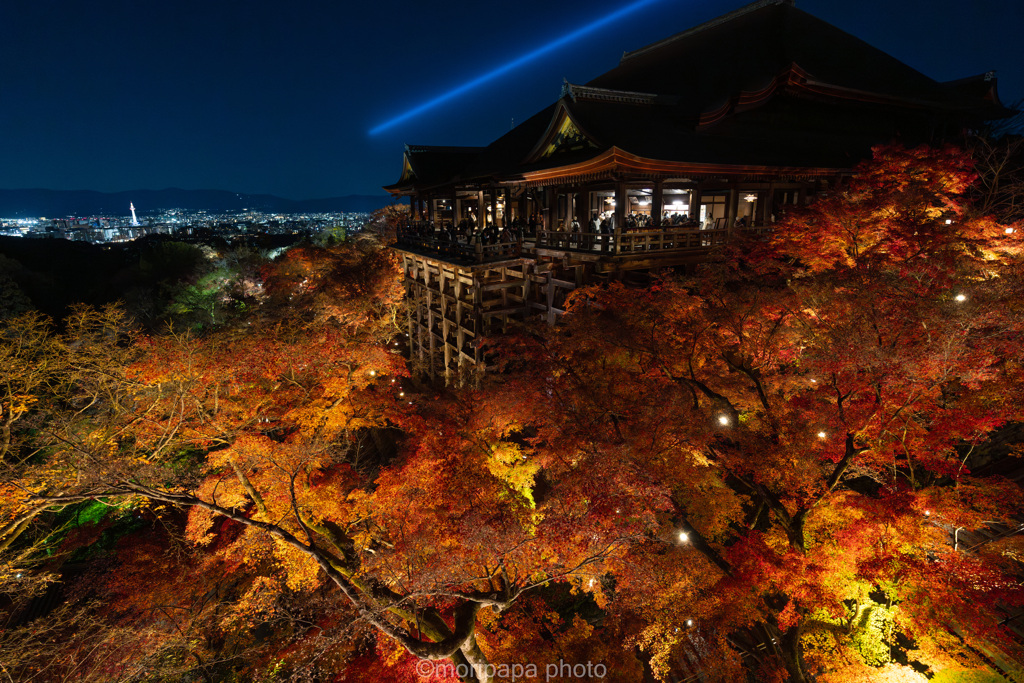 清水寺、秋のライトアップ。