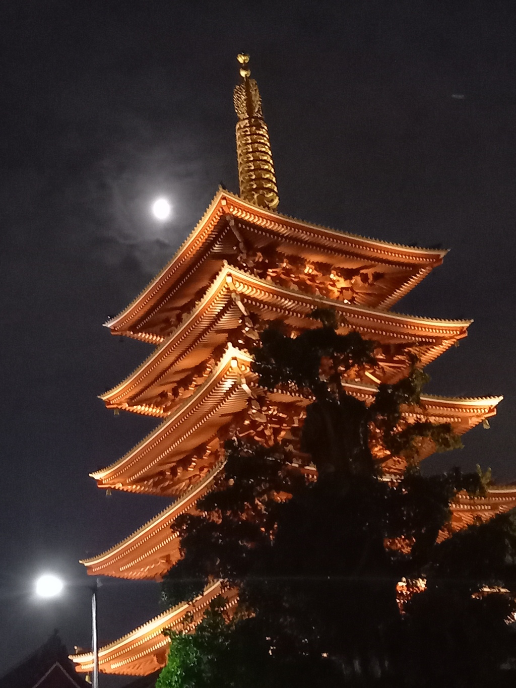 夜、月、浅草寺にて