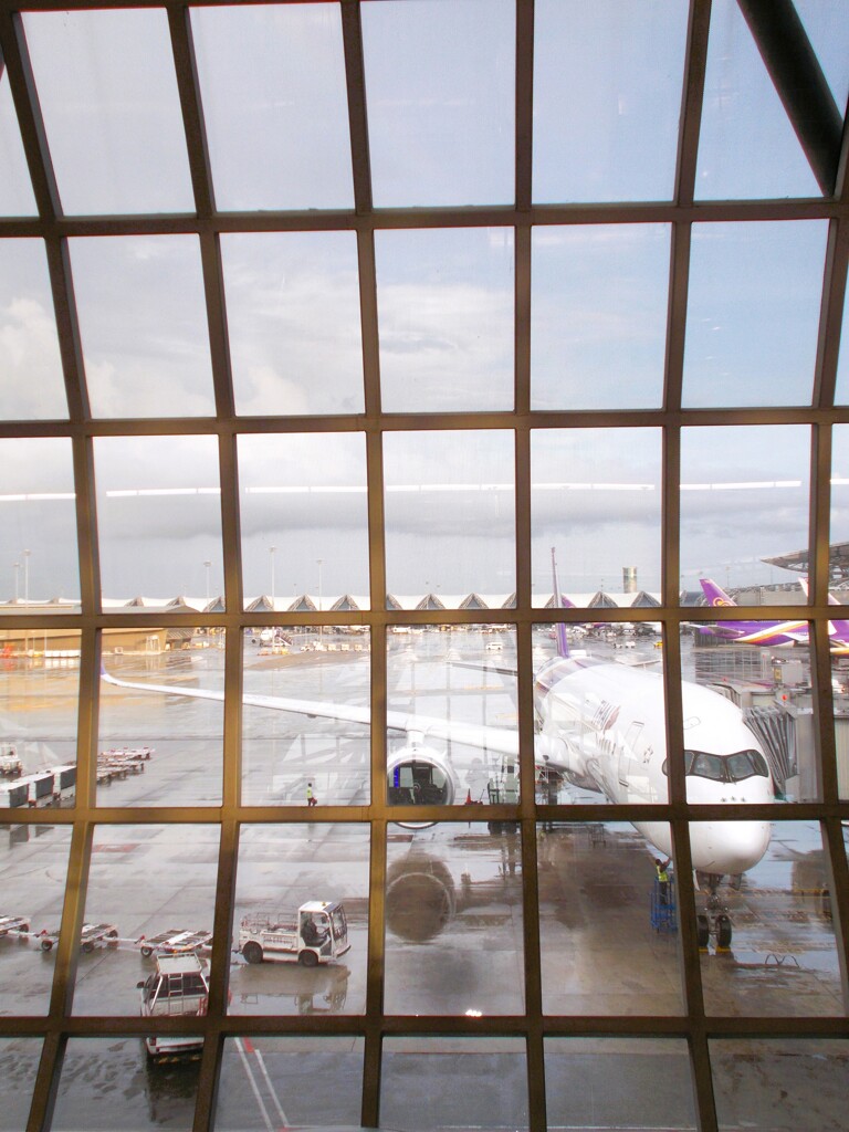 早朝のトランジットのスワンナプーム（バンコック）空港は雨～.。o○
