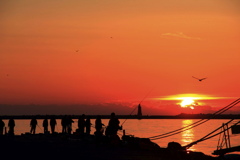 釧路港の日没前 釣り人 かもめ