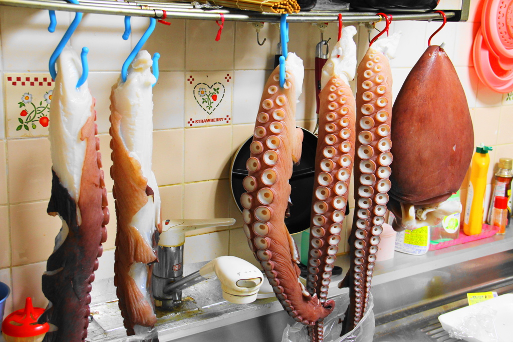 台所でタコを干す