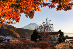 秋の富士　もみじ葉萌えて　柿がなる