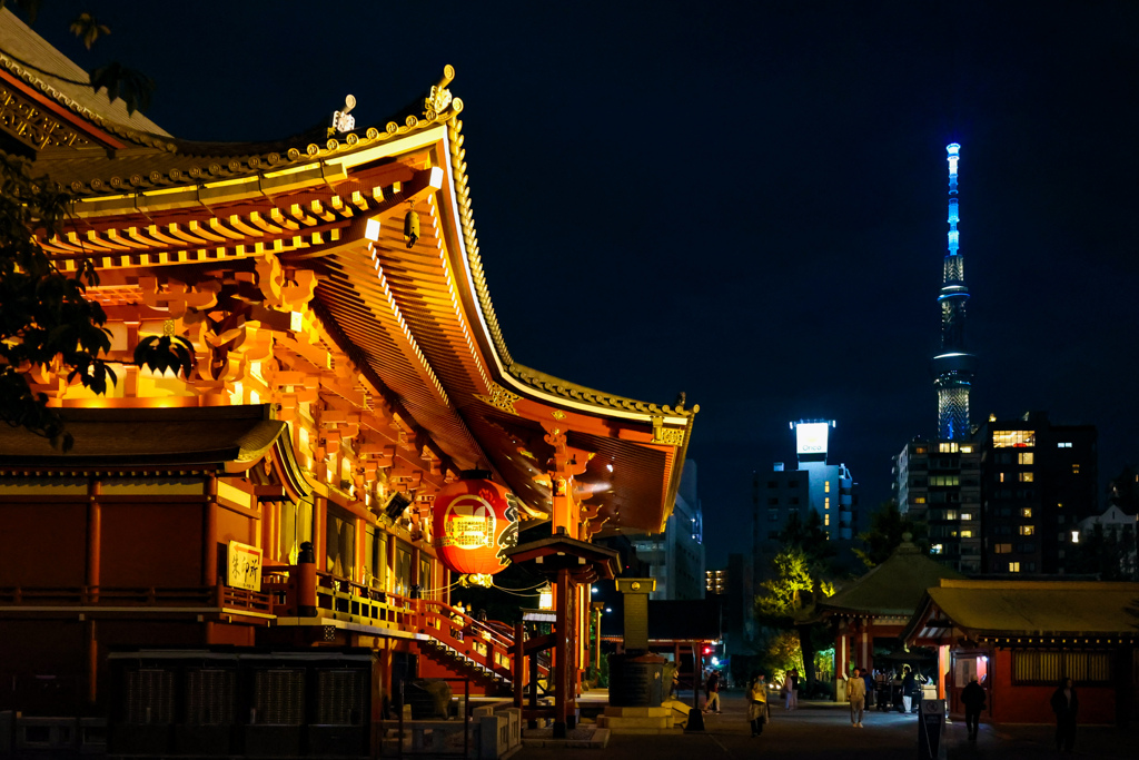 夜の浅草　浅草寺とスカイツリー