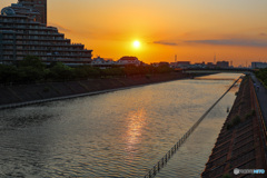 浦安境川夕景　川面に映る夕陽