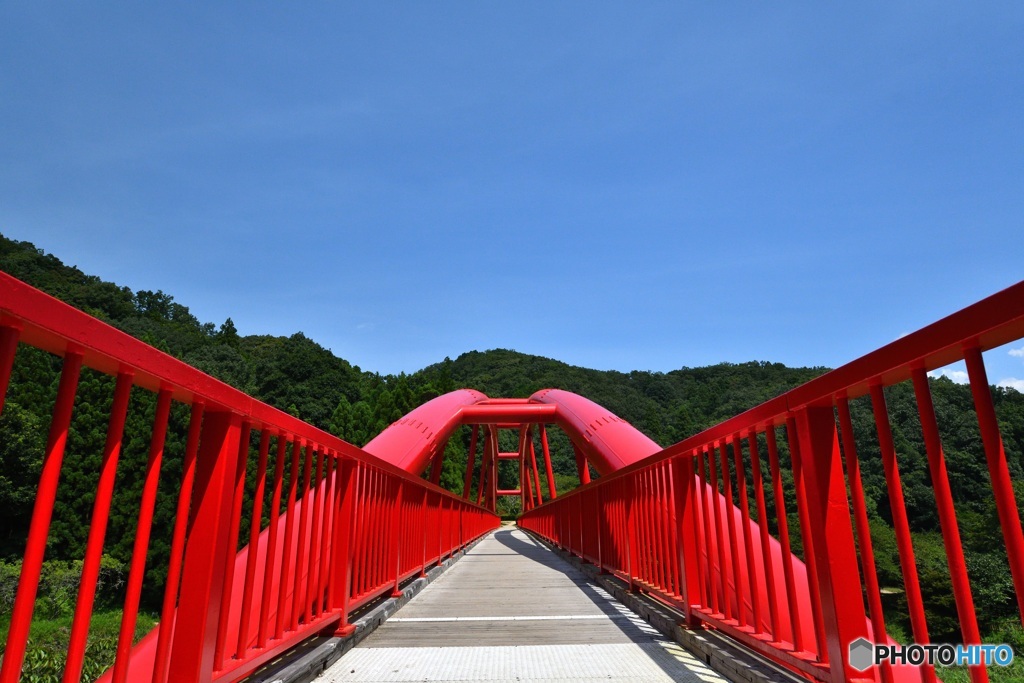渓谷の中の赤い橋
