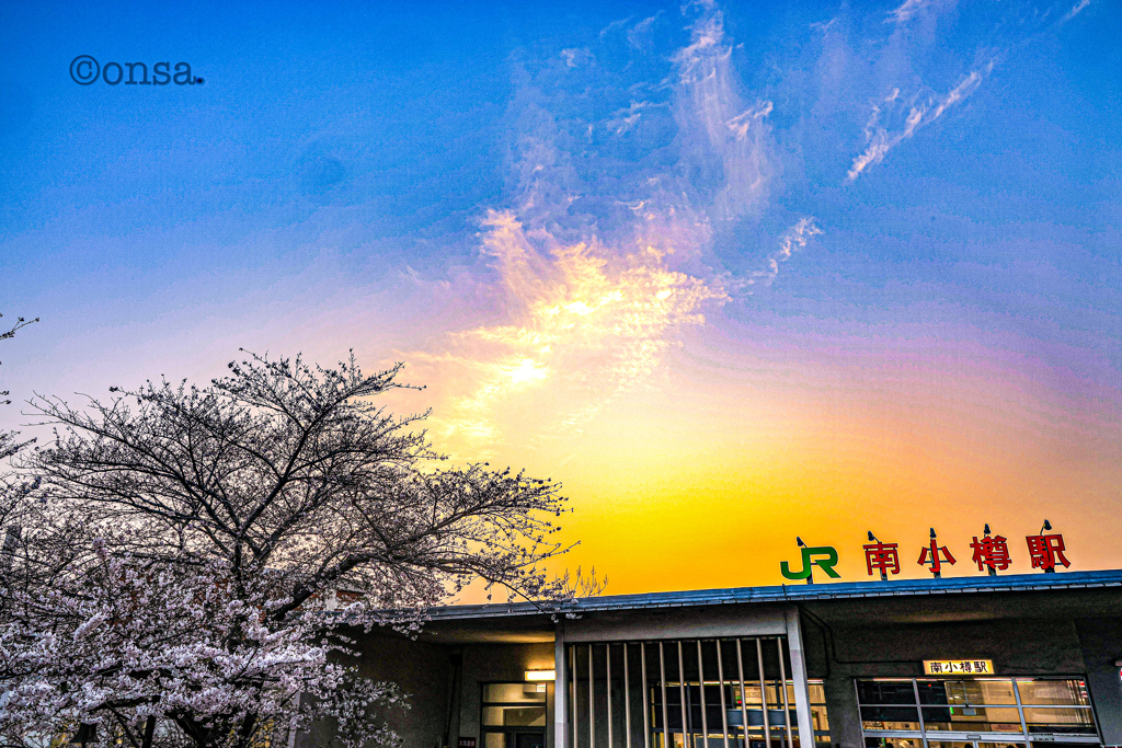 駅前の桜と西の春空