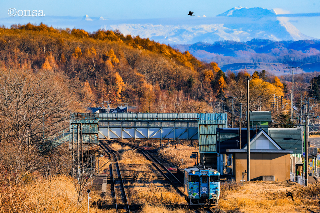 雪山青く 落葉松映える