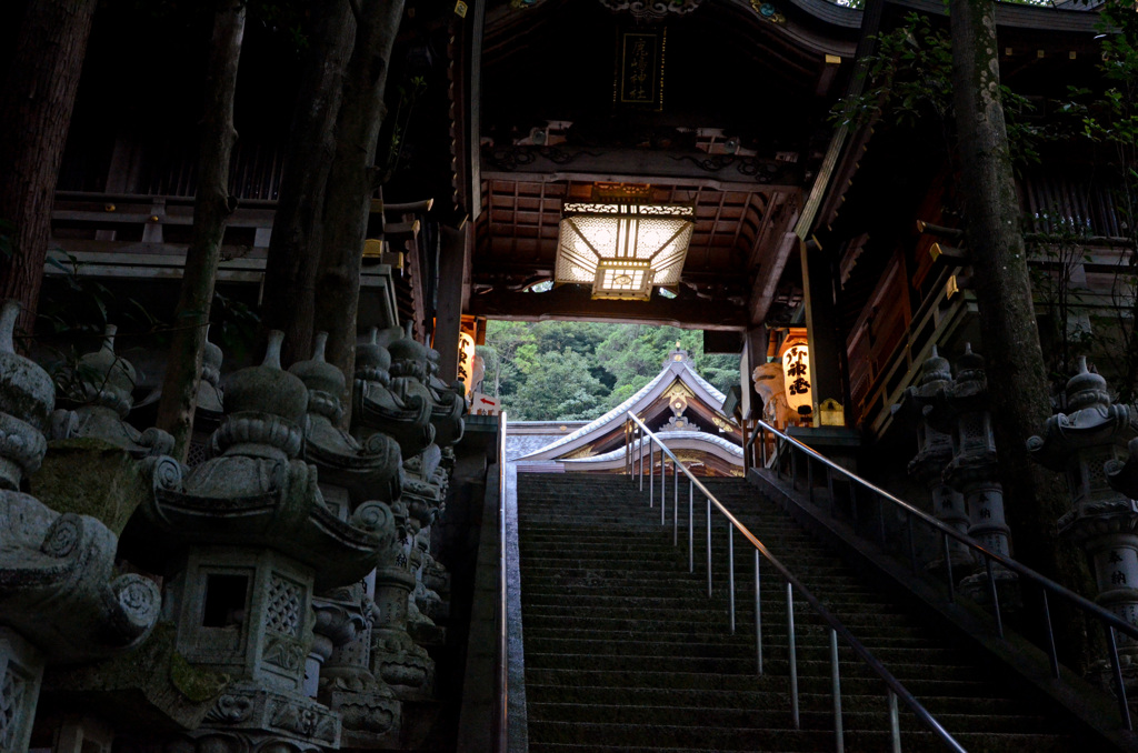 早朝の神社　石段