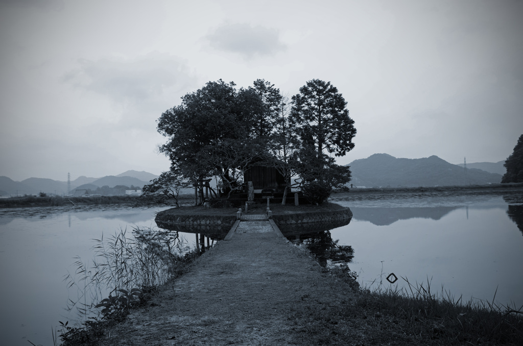 池に浮かぶ神社