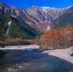 紅葉を抱く穂高岳　