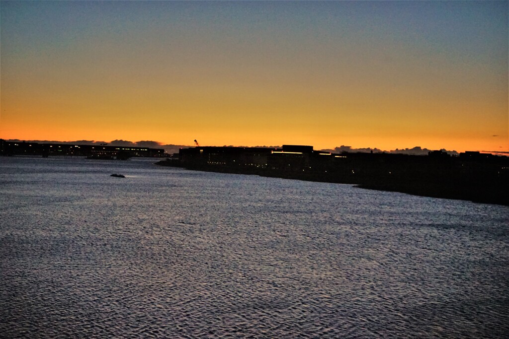 帰京　夜明け前（バス窓外羽田沖）