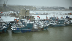 凍てつく漁船が並ぶ景色
