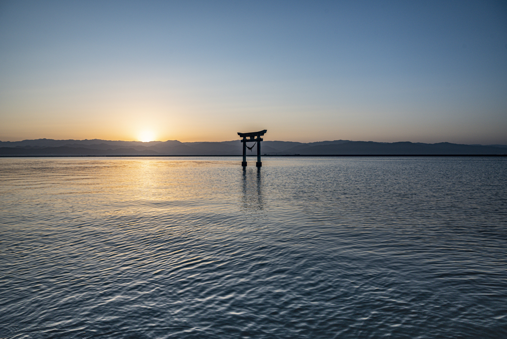 夜明けの海の鳥居