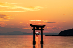 鳥居の中に沈む夕日