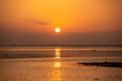 海床路から見る有明海に沈む夕日