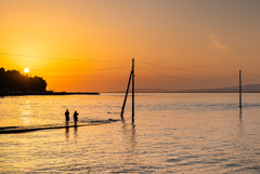 海床路に夕日が戻ってきた
