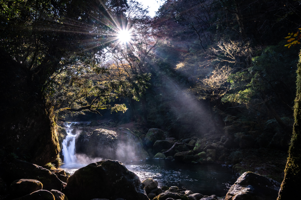 朝日射す秋の渓谷